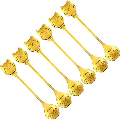 Lot de 6 Cuillères à Café Chat en Acier Inoxydable Doré - Cuillères à Thé 15,2 cm - PANGIVO (1/4)