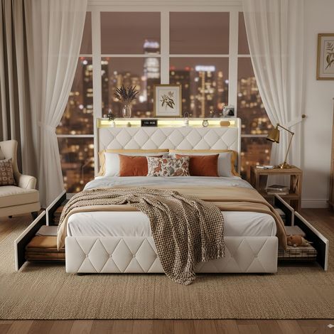 Betten mit Bettkästen 140x200, Doppelbett mit großen Aufbewahrungsschubladen – USB-Anschlüsse und LED – Lattenrost – Design, Beige (1/5)