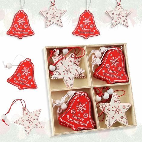Ornements d’arbre de Noël en bois, ornements d’arbre de Noël en bois 12pcs, pendentifs décoratifs en bois, ornements d’arbre de Noël en bois (1/5)