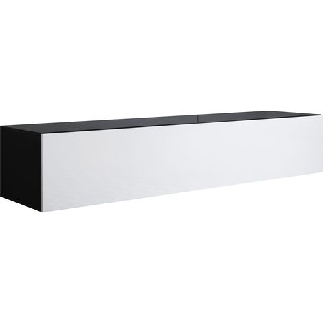 Muebles Bonitos – Meuble TV suspendu 160 x 32 x 40 cm – Panneaux mélamine brillante – 3 compartiments – Noir et blanc – Design minimaliste (1/4)