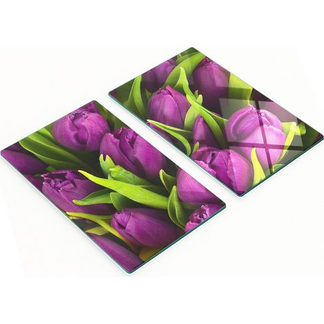 Juego de dos tablas de cocina de cristal con dise帽o de tulipanes morados, 2x30x52 cm.