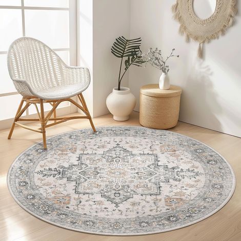 Tapis Rond Vintage Lavable pour Salon 120cm Taupe Clair (1/5)