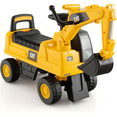 Porteur excavatrice enfant jaune avec levier de commande, volant orientable, klaxon et coffre, pour maison jardin parc (1/5)
