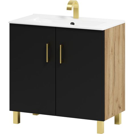 Meuble de salle de bain Viki 80 avec vasque, chêne Craft noir/doré (1/5)