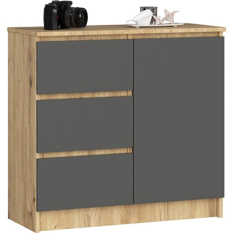 Akord – Commode enfant 80 cm – 1 porte – 3 tiroirs – 2 étagères – Chêne artisan – Façade gris graphite – Dimensions 80x35x77 cm
