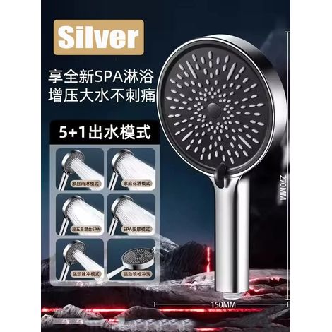 (Silver-C) Nouveau pommeau de douche massant à grand panneau de 15 cm avec pression, 7 modes, effet pluie haute pression, arrêt facile et douchette à main. (1/5)