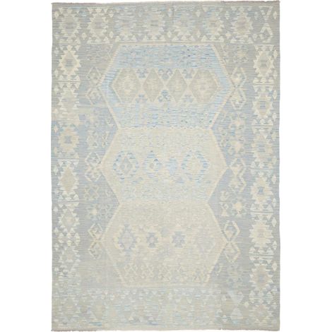 Tapis kilim 206 x 297 cm, géométrique, bleu, beige et crème, en laine naturelle, tissé plat artisanal (1/5)