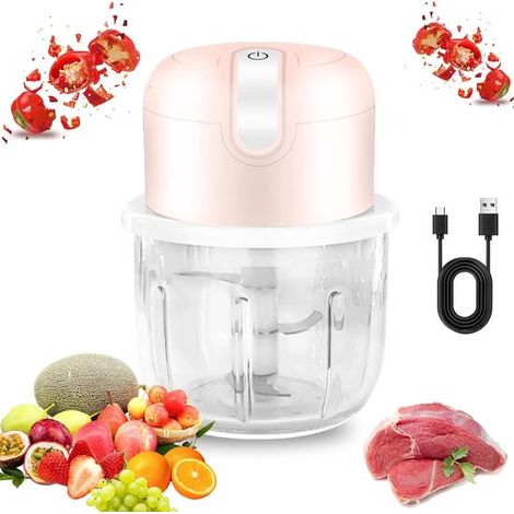Minirebanadora eléctrica de cebollas con conexión USB - 250 ml - Recargable - Cuchilla de acero inoxidable - Rosa (1/5)