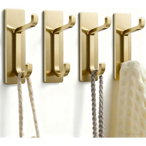 Crochets muraux pour vestes et serviettes : autocollants adhésifs ultra-résistants à fixer sur une porte (dorés, lot de 4) (1/5)