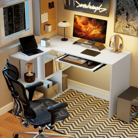 Bureau d'angle, bureau en L avec étagères de rangement, plateau coulissant pour clavier, 120 x 100 x 76 cm, blanc (1/5)