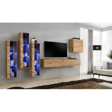Ensemble mural - Switch XIII - 3 vitrines LED - 1 banc TV - 1 vitrine carrée - Bois - Livraison gratuite