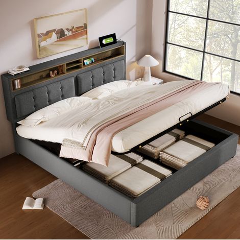 Letto con contenitore in lino grigio 140x200 cm, testiera regolabile con prese USB e Tipo-C, rete a doghe inclusa (1/5)