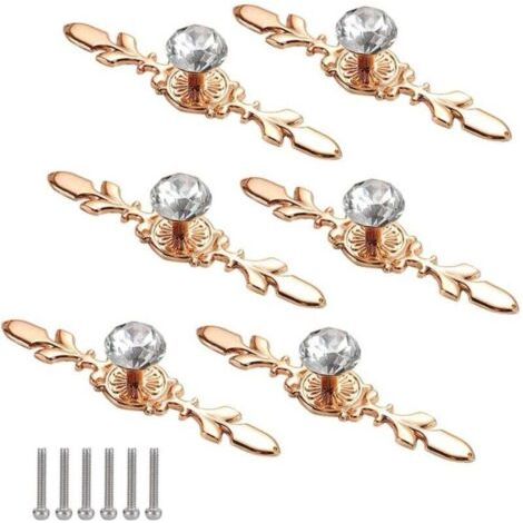 Bouton de Porte Diamant 6 Pièces Boutons de Porte en Cristal Doré Bouton de Meuble Poignee de Meuble Diamant Boutons en Cristal de Diamant pour Déco