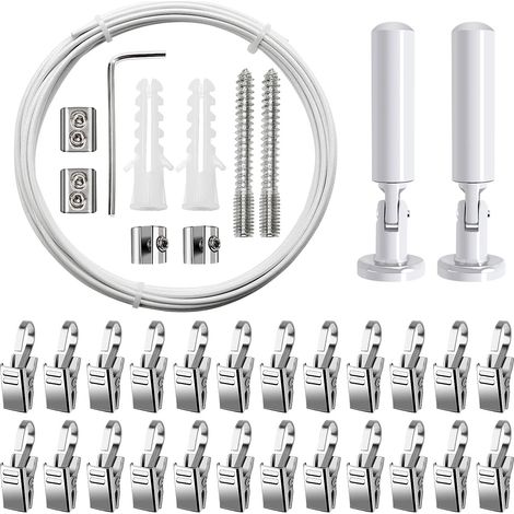 5 m Curtain Rod Kit, with 24 Pieces Stainless Steel Hooks Curtain Wire for Hanging Photos, Pictures, Notes, Curtain, Nursery Art Wall Decoration (White) (1/5)