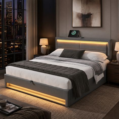 lit coffre 140x190 avec LED, USB et rangement PU gris HAVRYA (1/5)