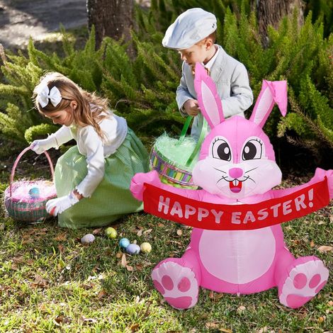 Lapin de Pâques gonflable de 1,5 m avec veilleuse LED, décoration pour jardin et pelouse, idéal pour les fêtes en extérieur. (1/5)