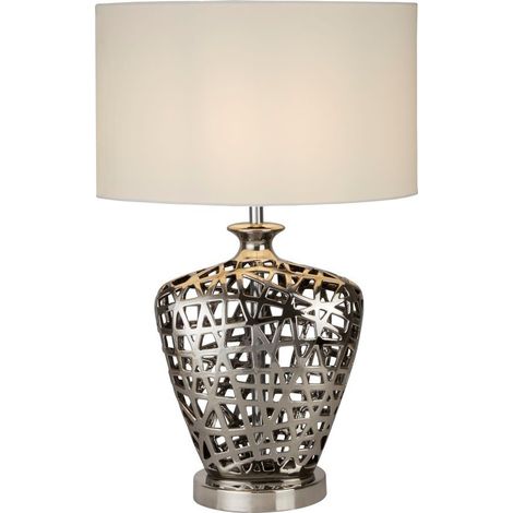 Grande lampe de table Network, base découpée en chrome avec abat-jour ovale blanc (1/3)