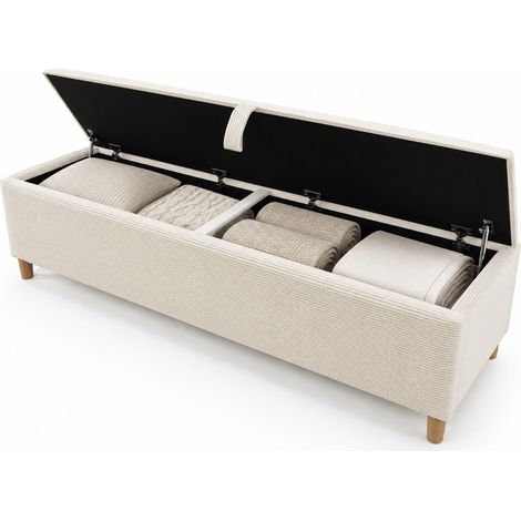 Lit double 160x200 cm avec banc de rangement, tête de lit avec LED et niche, revêtement beige en velours côtelé, effet bois clair, matelas inclus CHICFURN (1/5)