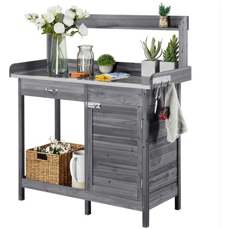 Yaheetech – Table de rempotage 112x46,5x125 cm – Métal galvanisé et bois de sapin – Rangement avec tiroirs et crochets – Pour balcon et jardin