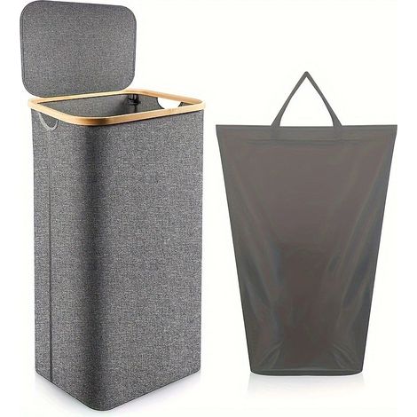 Panier à linge sale en bambou avec sac intérieur et couvercle, boîte de rangement grise 40,5x33x75cm (1/5)