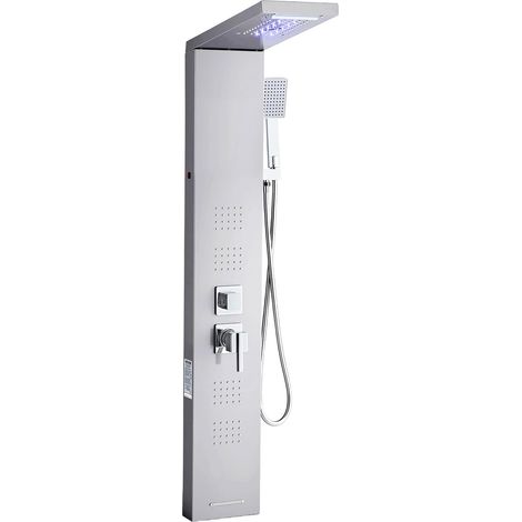 Colonne de douche avec pommeau de douche effet pluie, système de panneau de douchette mural LED en acier inoxydable brossé 1345 mm, robinet 5 fonctions, avec 4 jets corporels et douchette à main (1/5)