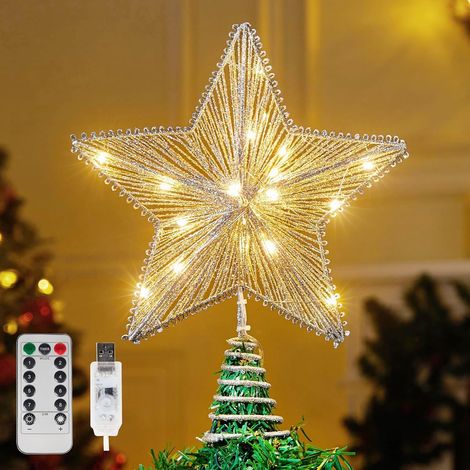 Étoile de sapin de Noël en métal argenté avec 20 LED blanc chaud, télécommande alimentée par USB pour décoration de cime de sapin de Noël, maison, vacances, fête en intérieur - 24,1 cm