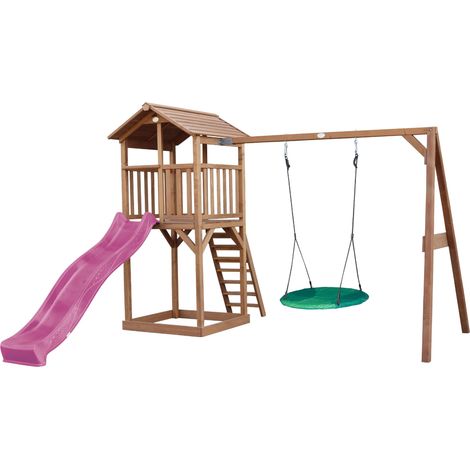Axi Beach Tower Aire De Jeux Avec Toboggan En Violet, Balançoire Nid D'Oiseau Vert & Bac À Sable Grande Maison Enfant Extérieur En Marron Cabane De Jeu En Bois Fsc (1/5)