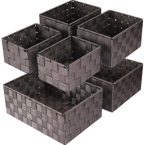 Panier Rangement 34,4cm, Lot de 6 Paniers et Boîtes de Rangement, Panier de Rangement pour Rangement Organisateur de Salle de Bains/Chambre/Cuisine/Étagères/Cosmétiques/Papier Toilette (Brun)