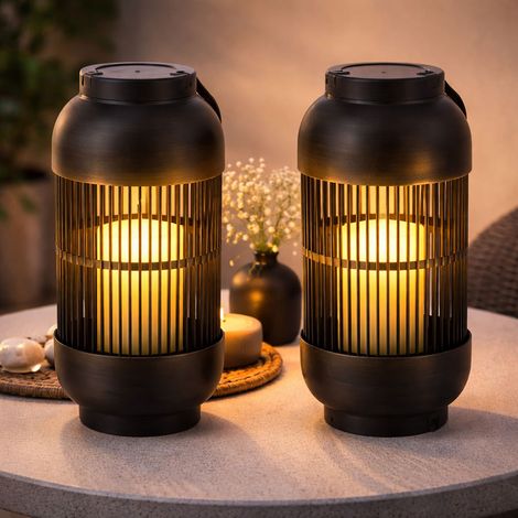Solarleuchte Tischlampe Außenleuchte Laterne Kerze Gartenleuchte Terrassenlampe Flammeneffekt , Kunststoff schwarz, Akku, 1x LED warmweiß, H 33 cm, 2er Set