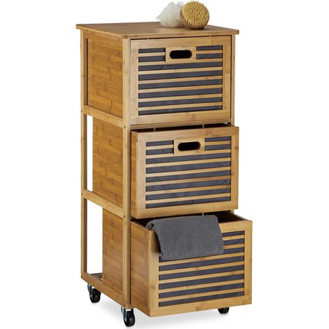 Caisson à roulettes avec 3 tiroirs étagère colonne de rangement en bambou salle de bain H x l x P: 92 x 41 x 41 cm armoire accessoires douche serviettes en bois avec roues, nature (1/5)