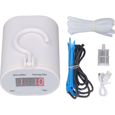 Kit de riego automático por goteo para plantas de interior en maceta. Sistema de riego automático con temporizador y soporte blanco para 4 macetas. (1/5)