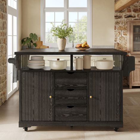 Mueble de cocina extensible, altura 95 cm, 3 cajones, ruedas con freno, negro HAVRYA (1/5)