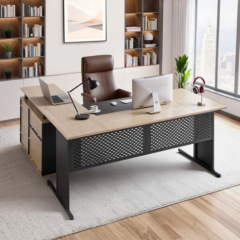 VEVOR Bureau de direction en L, charge de 158,7 kg, bureau deordinateur moderne et reversible avec tiroirs et armoire de rangement, grande table deetude en bois robuste, pour travail et ecriture (1/5)