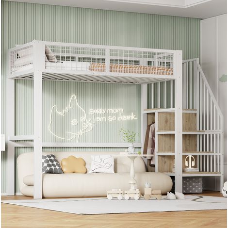 Lit mezzanine métal blanc 90x200 cm avec échelle sécurisée, armoire et sommier à lattes inclus (1/5)