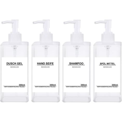 Lot de 4 distributeurs de Savon de Douche - 300 ML - en Plastique - Rechargeables - avec Entonnoir - Étiquettes étanches - Vintage - pour Cuisine, Salle de Bain, Salle de Bain - Transparent'Transparen