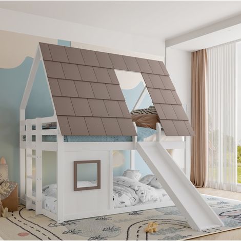 Etagenbett 140/200 cm weiß/braun aus Kiefer und MDF mit Dach, Leiter und Rutsche (1/5)