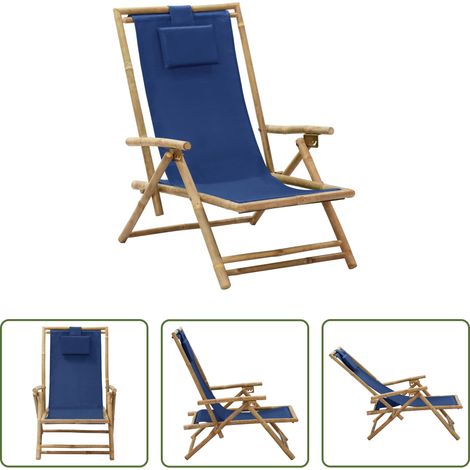 Chaise pliable - Chaise de relaxation inclinable bleu marine bambou et tissu (1/5)