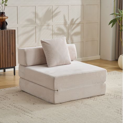 Sofá cama de suelo convertible 1 plaza, tejido de pana blanco, espuma, sin montaje DESVIAE (1/5)