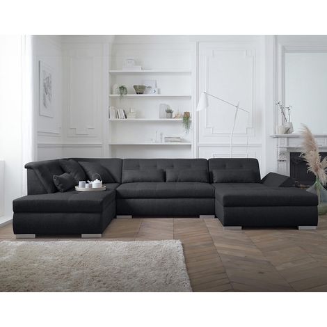 Lisa Design – Canapé d'angle panoramique 7 places – Structure bois – Assise mousse polyuréthane – Accoudoirs réglables – Noir – Dimensions L335xH77xP197 cm