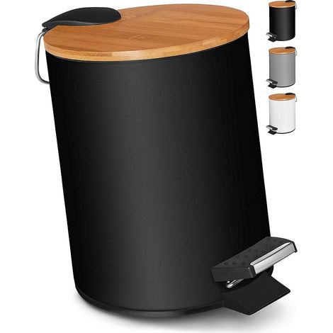 Poubelle de salle de bain 3 litres Poubelle à pédale avec fermeture amortie Élégante poubelle cosmétique avec couvercle en bambou Noire (1/4)