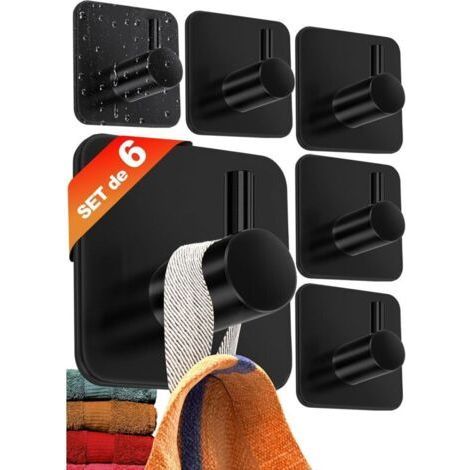 Adhesive wall hooks Set of 6, towel and coat racks, black stainless steel for bathroom and kitchen (1/5)
