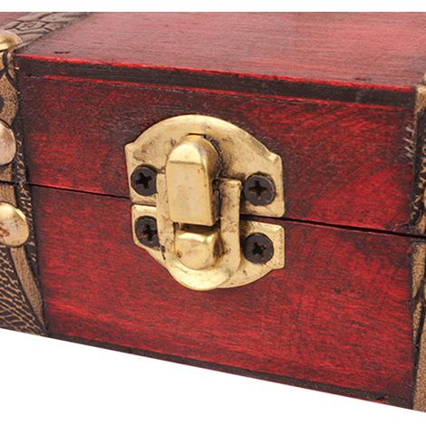 Petite boîte à bijoux vintage en bois imprimé avec cadenas, idéale pour ranger colliers et trésors. (1/3)