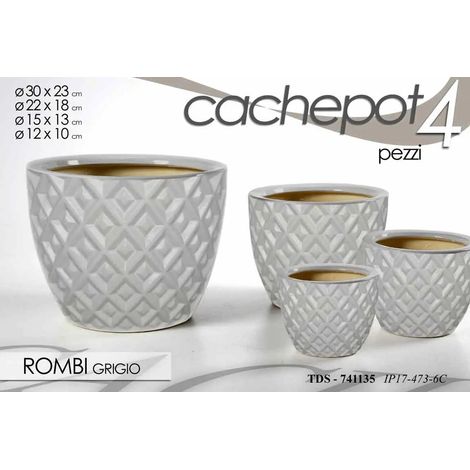 Set aus 4 grauen Cachepots Ø30/22/15/12 cm mit Rautenmuster