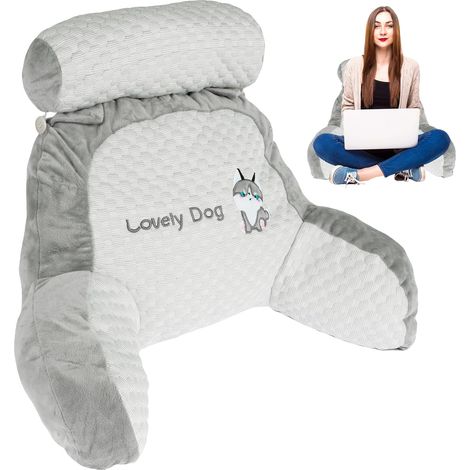 Coussin de Lecture pour Lit, Oreiller de Lecture pour Lit Confortable, Dossier Oreiller Lombaire avec Accoudoir, Coussin de Dossier Détachable pour Lecture et Relaxation(Soie Glacée (M),Husky) (1/5)