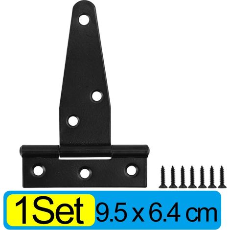 (1 jeu - 9,5 x 6,4 cm) Charnières robustes en fer noir en forme de T, galvanisées, pour portes, portails, abris de jardin, armoires, granges et pièces. Charnière à sangle avec vis. (1/5)