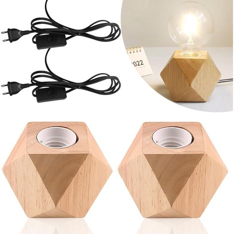 Lampada da tavolo in legno da 2 pezzi, lampada da comodino con base in legno E27, piccola lampada da comodino con base in legno a forma di diamante, spina UE con base in legno E27, perfetta per camera (1/5)