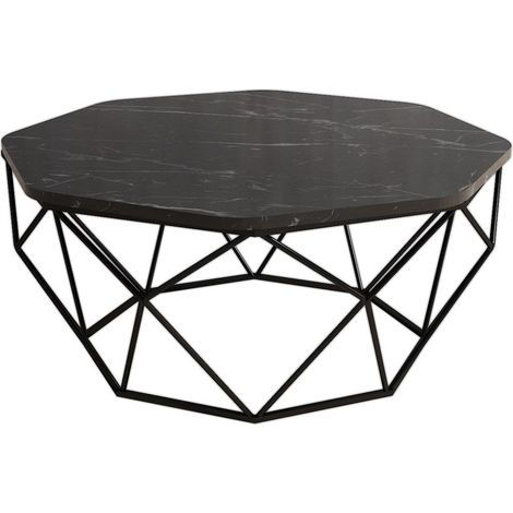 Table basse octogonale bois noir effet marbre et pieds acier noir Diva 90cm (1/5)