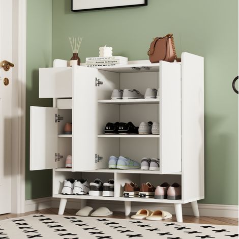 MEUBLIV Zapatero 90 x 35 x 99 cm blanco y natural con estantes ajustables (1/5)