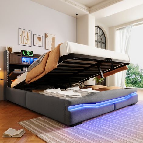 Lit coffre 160x200 avec LED et USB gris HAVRYA (1/5)