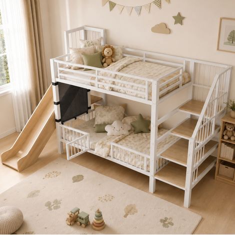 CHICFURN Cama alta infantil 90x200 cm de metal blanco con tobogán y escalera con almacenaje (1/5)